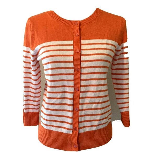 Joseph A Orange White Striped Button Cardigan - Picture 1 of 5